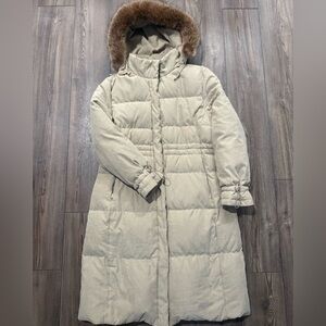 Utex Design Long Down Puffer Coat Faux Fur Trim Hooded Beige Womens Large